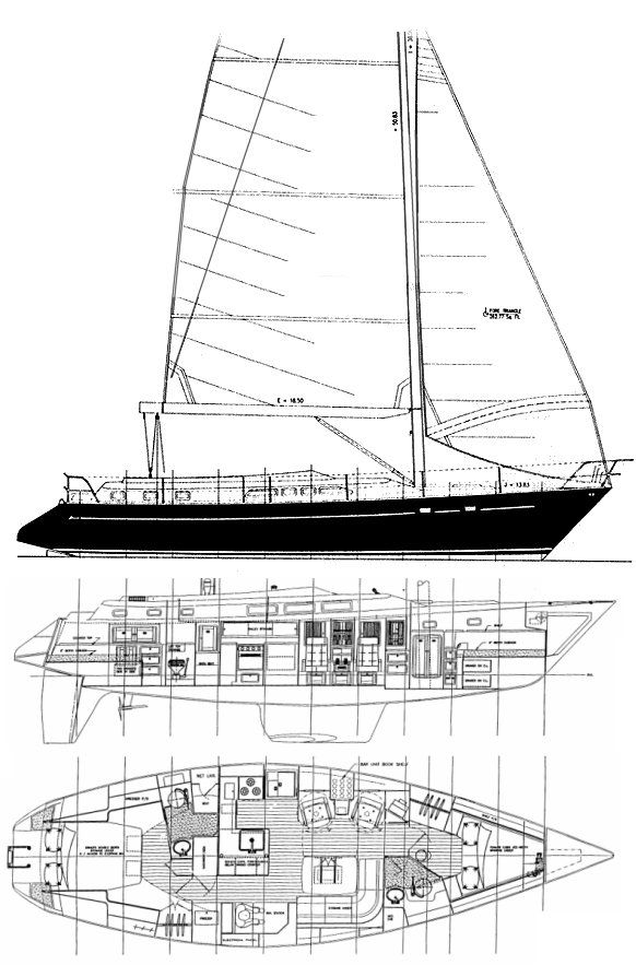 The Freedom 45 CC has a moderate 4.92-ft. draft with the wing keel option, a ballast-to-displacement ratio of 41 percent, and sail area of 731 sq. ft.—numbers that reflect Gary Mull's design priority of balancing offshore capability with shoal-water accessibility. Courtesy of SailboatData.com