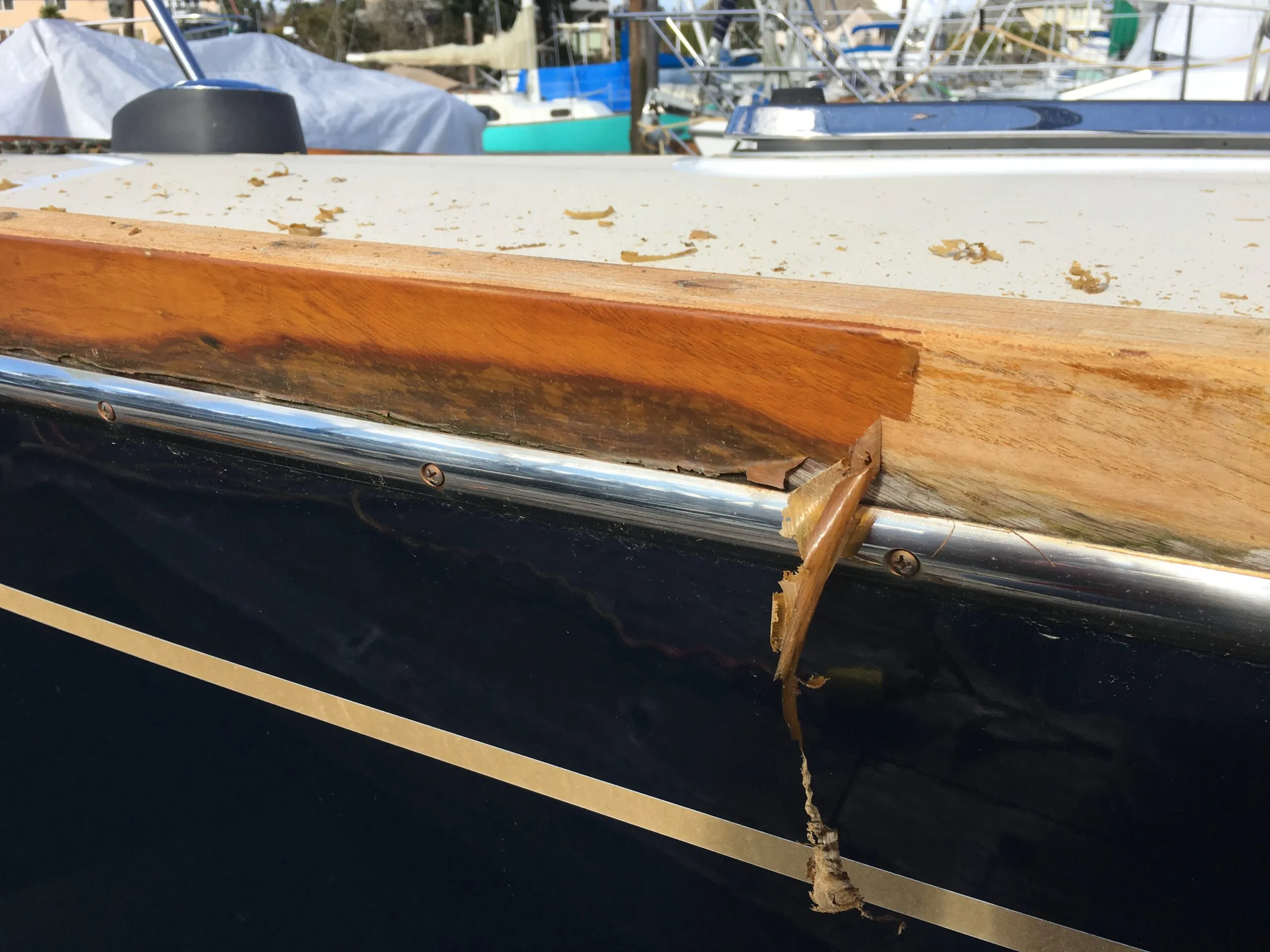 Water intrusion from behind the stainless steel rub rail. (Photo/ Bert Vermeer)