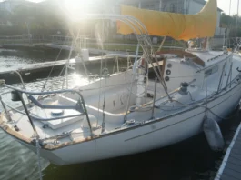 Alberg 37 Used Boat Review Common age-related issues to watch for during a pre-purchase survey include delamination in the balsa-cored decks and crazing around stanchion bases. The cockpit is deep and secure for offshore work, but the wheel pedestal’s position tight against the bridge deck can make viewing engine instruments difficult and complicates the installation of a modern chartplotter. Photo courtesy of YachtWorld.com