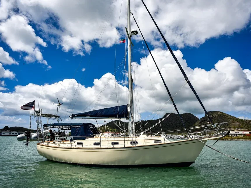 The Island Packet's full keel and heavy displacement make her the most stable and comfortable boat in a seaway, but expect a PHRF rating near 185 and more tacks to reach a windward destination. Image courtesy of YachtWorld.com