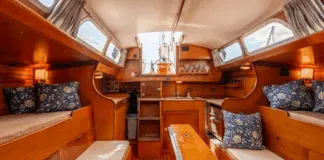 Pilot berths flanking extension settees create four sleeping berths, though the layout pushes furniture toward centerline—a tradeoff for the wide sidedecks that enhance safety. Courtesy of YachtWorld.com