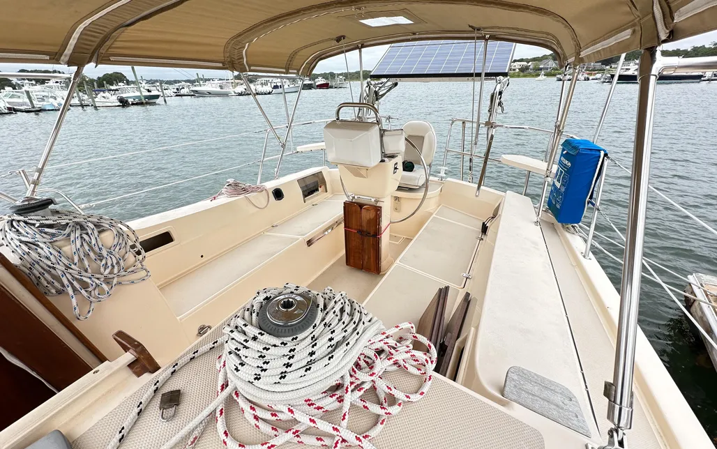 The 7-ft. cockpit seats give crew plenty of room to stretch out on a passage. Liner bins in the coamings keep running rigging off the sole, and the bridgedeck and twin 2-in. drains deal efficiently with boarding seas. (Photo/ McCann Yachts)