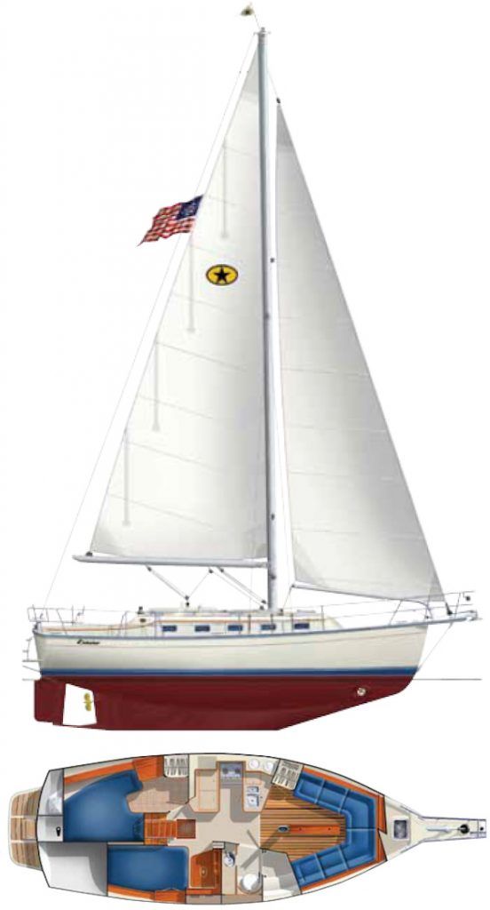 The Island Packet Estero's atypical interior plan squeezes an impressive amount of living area into a 31-ft. waterline. The Estero's self-tacking sail plan yields a slightly better sail-area displacement ratio compared to the Island Packet 35. (Image courtesy of Sailboatdata.com)