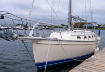 The Estero's high freeboard, buff-colored gelcoat and bowsprit give her the look of a classic cruiser without the burden of teak maintenance. (Photo/ McCann Yachts)