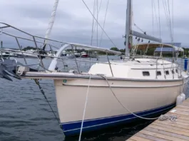 The Estero's high freeboard, buff-colored gelcoat and bowsprit give her the look of a classic cruiser without the burden of teak maintenance. (Photo/ McCann Yachts)