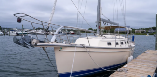 The Estero's high freeboard, buff-colored gelcoat and bowsprit give her the look of a classic cruiser without the burden of teak maintenance. (Photo/ McCann Yachts)