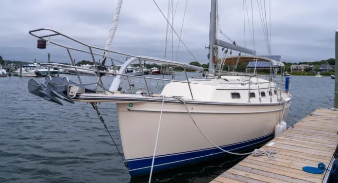 The Estero's high freeboard, buff-colored gelcoat and bowsprit give her the look of a classic cruiser without the burden of teak maintenance. (Photo/ McCann Yachts)