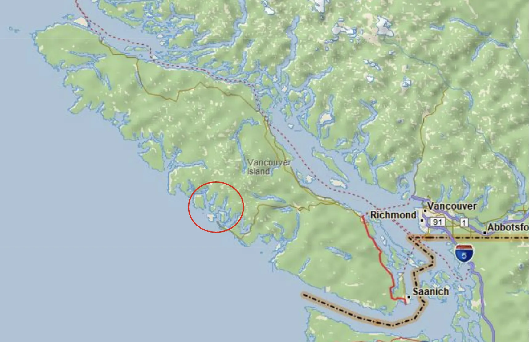 The red circle surrounds the cruising grounds mentioned in the reefing tale: Bacchante Bay and Millar Channel.