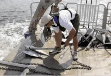 Anchors on the University of Maryland’s Rachel Carson are prepared for deployment into the Chesapeake Bay muck.