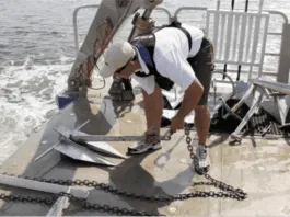 Anchoring in Squishy Bottoms Anchors on the University of Maryland’s Rachel Carson are prepared for deployment into the Chesapeake Bay muck.