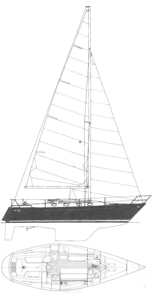 Designed by Sparkman & Stephens, the Scheel keel draws just 4.56 ft.—handy for shoal water, though the deeper-draft 33R is almost 30 seconds per mile faster. (Image courtesy of SailboatData.com)