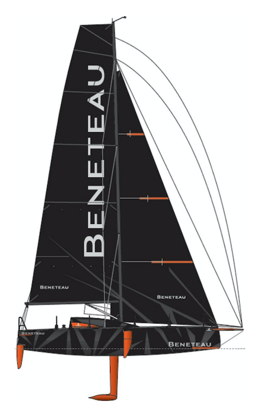 The 35.73-ft. one-design racer features a fractional sloop rig, twin rudders, and bulb keel, all designed to provide drift reduction and righting moment through foils with an inward-facing profile—a key advantage over conventional monohull keelboats when maintaining steering control in heavy wind. Image courtesy of SailboatData.com