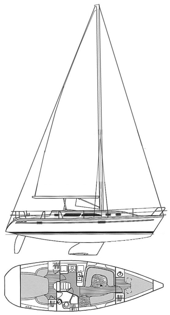 The Catalina 380 has a fin-keeled, masthead sloop configuration with 38.42 ft. LOA, 12.33 ft. beam, and 19,000 lbs. displacement—the heavy displacement that sets her apart from similar-sized rivals. Image courtesy of SailboatData.com