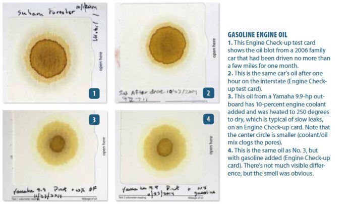 Blotter test patterns reveal engine condition: clean oil shows defined rings, while coolant contamination shrinks the center circle by clogging pores. Fuel dilution may not create obvious visual changes—in some cases, smell is the primary indicator—making successive comparisons essential for spotting subtle shifts in engine health. See more detailed info about these tests at the end of the article. (Photo/ Drew Frye)