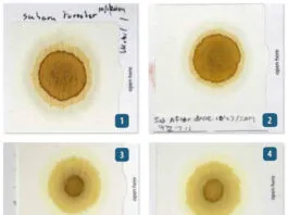 DIY Engine Oil Tests Blotter test patterns reveal engine condition: clean oil shows defined rings, while coolant contamination shrinks the center circle by clogging pores. Fuel dilution may not create obvious visual changes—in some cases, smell is the primary indicator—making successive comparisons essential for spotting subtle shifts in engine health. See more detailed info about these tests at the end of the article. (Photo/ Drew Frye)