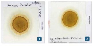 Blotter test patterns reveal engine condition: clean oil shows defined rings, while coolant contamination shrinks the center circle by clogging pores. Fuel dilution may not create obvious visual changes—in some cases, smell is the primary indicator—making successive comparisons essential for spotting subtle shifts in engine health. See more detailed info about these tests at the end of the article. (Photo/ Drew Frye)