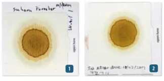 Blotter test patterns reveal engine condition: clean oil shows defined rings, while coolant contamination shrinks the center circle by clogging pores. Fuel dilution may not create obvious visual changes—in some cases, smell is the primary indicator—making successive comparisons essential for spotting subtle shifts in engine health. See more detailed info about these tests at the end of the article. (Photo/ Drew Frye)