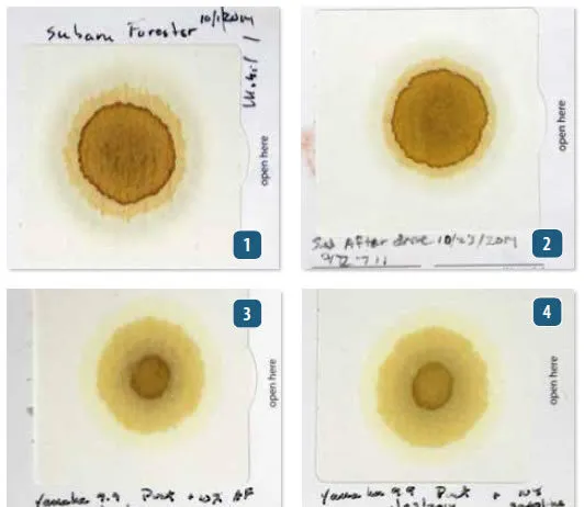 DIY Engine Oil Tests Blotter test patterns reveal engine condition: clean oil shows defined rings, while coolant contamination shrinks the center circle by clogging pores. Fuel dilution may not create obvious visual changes—in some cases, smell is the primary indicator—making successive comparisons essential for spotting subtle shifts in engine health. See more detailed info about these tests at the end of the article. (Photo/ Drew Frye)