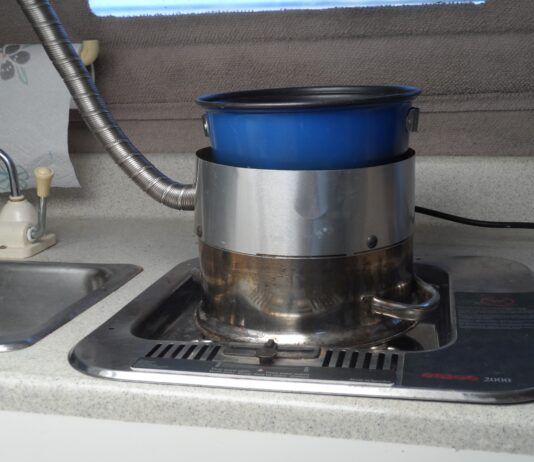 DIY Stovetop Cabin Heater Cabin heater on Origo 2000CB alcohol stove. (Photo/ Drew Frye)