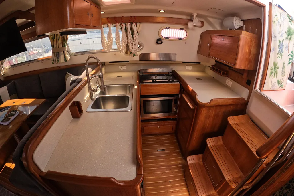 The Morgan 440's galley features a front-opening refrigerator, top-loading freezer, and upgraded Force 10 stove—serious cooking capability for cruising sailors. The boat pictured was built in 2005. (Photo courtesy of YachtWorld.com)