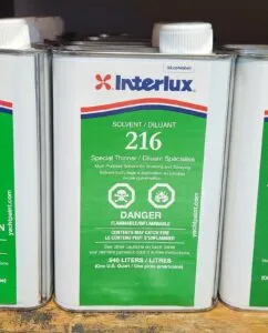 Interlux Special Thinner 216 is a solvent used to decontaminate oily or residue-laden areas of the hull before applying VC17 OFFSHORE. (Photo/ Marc Robic)