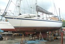 During the survey on this CS 36 in the Dominican Republic, the author found widespread moisture, hidden core rot, and structural concerns beneath her freshly painted topsides.(Photo/ Ray Ville)