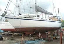 Not All That Glitters Is Gold: A Surveyor’s Cautionary Tale During the survey on this CS 36 in the Dominican Republic, the author found widespread moisture, hidden core rot, and structural concerns beneath her freshly painted topsides.(Photo/ Ray Ville)