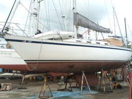 During the survey on this CS 36 in the Dominican Republic, the author found widespread moisture, hidden core rot, and structural concerns beneath her freshly painted topsides.(Photo/ Ray Ville)