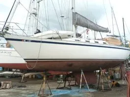 Not All That Glitters Is Gold: A Surveyor’s Cautionary Tale During the survey on this CS 36 in the Dominican Republic, the author found widespread moisture, hidden core rot, and structural concerns beneath her freshly painted topsides.(Photo/ Ray Ville)