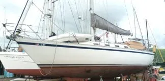 During the survey on this CS 36 in the Dominican Republic, the author found widespread moisture, hidden core rot, and structural concerns beneath her freshly painted topsides.(Photo/ Ray Ville)
