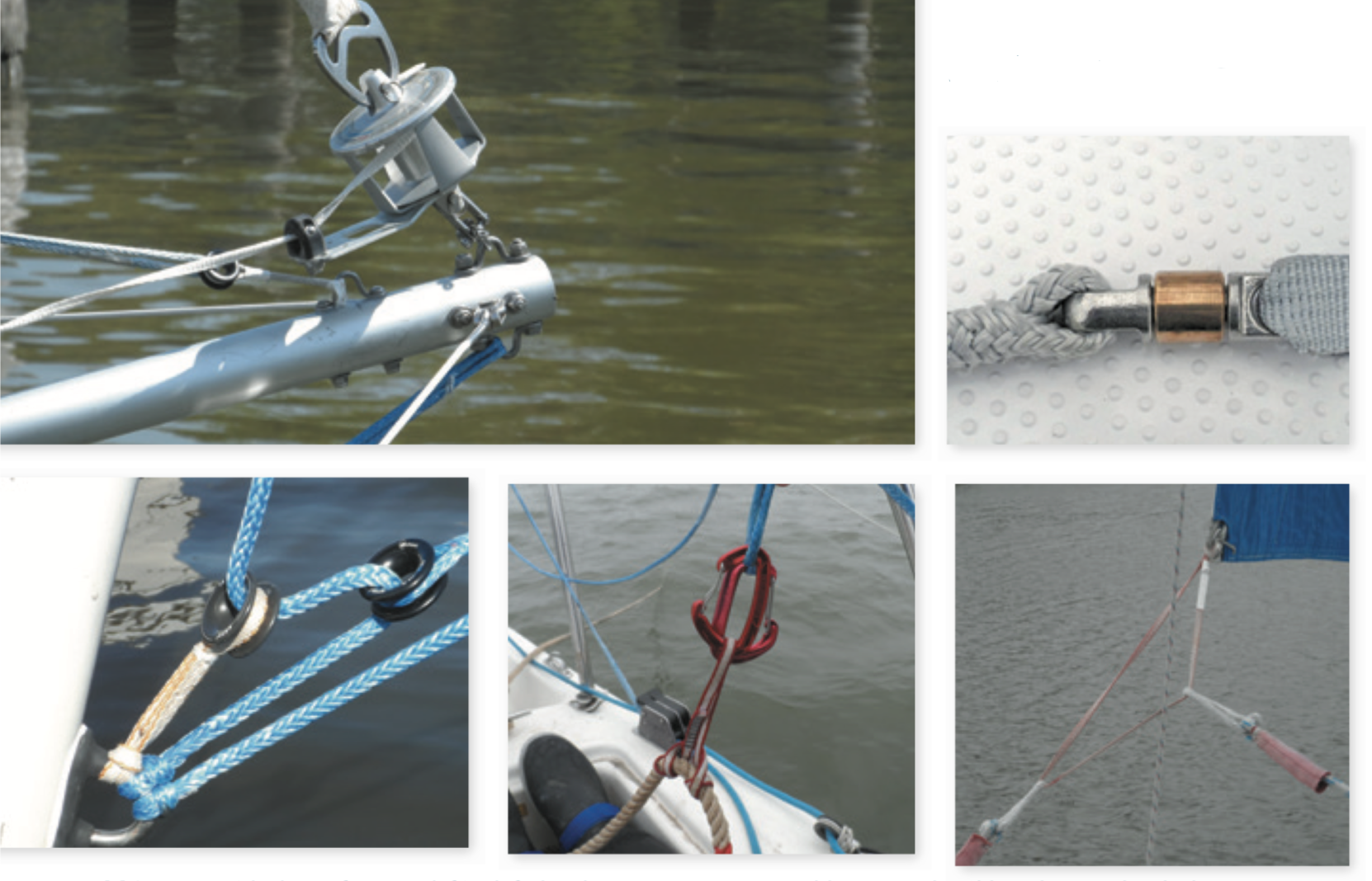 Webbing uses (clockwise from top left): Jib furling line; Facnor rope-to-webbing swivel; webbing loop at the jib clew prevents snags (soft-shackles join each sheet); webbing loop Prusik-hitched to the anchor rode; webbing loop lashed to a low-friction ring.