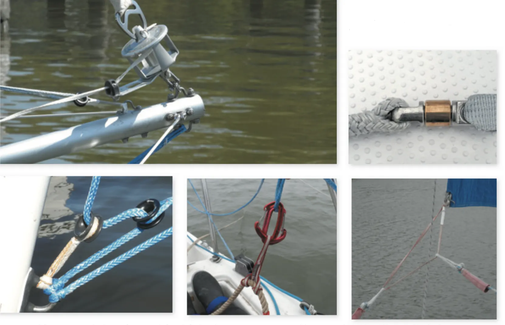 Webbing uses (clockwise from top left): Jib furling line; Facnor rope-to-webbing swivel; webbing loop at the jib clew prevents snags (soft-shackles join each sheet); webbing loop Prusik-hitched to the anchor rode; webbing loop lashed to a low-friction ring.