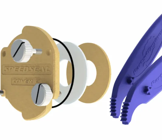 The Speedseal kit includes the brass pump cover with slotted design (center), knurled thumb screws for tool-free removal, O-rings, and plastic impeller extraction tools (right) for quick maintenance access. (Photo/ Parts4Engines)
