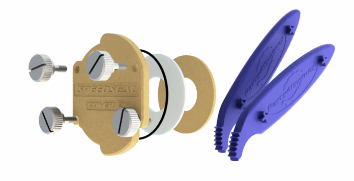 The Speedseal kit includes the brass pump cover with slotted design (center), knurled thumb screws for tool-free removal, O-rings, and plastic impeller extraction tools (right) for quick maintenance access. (Photo/ Parts4Engines)