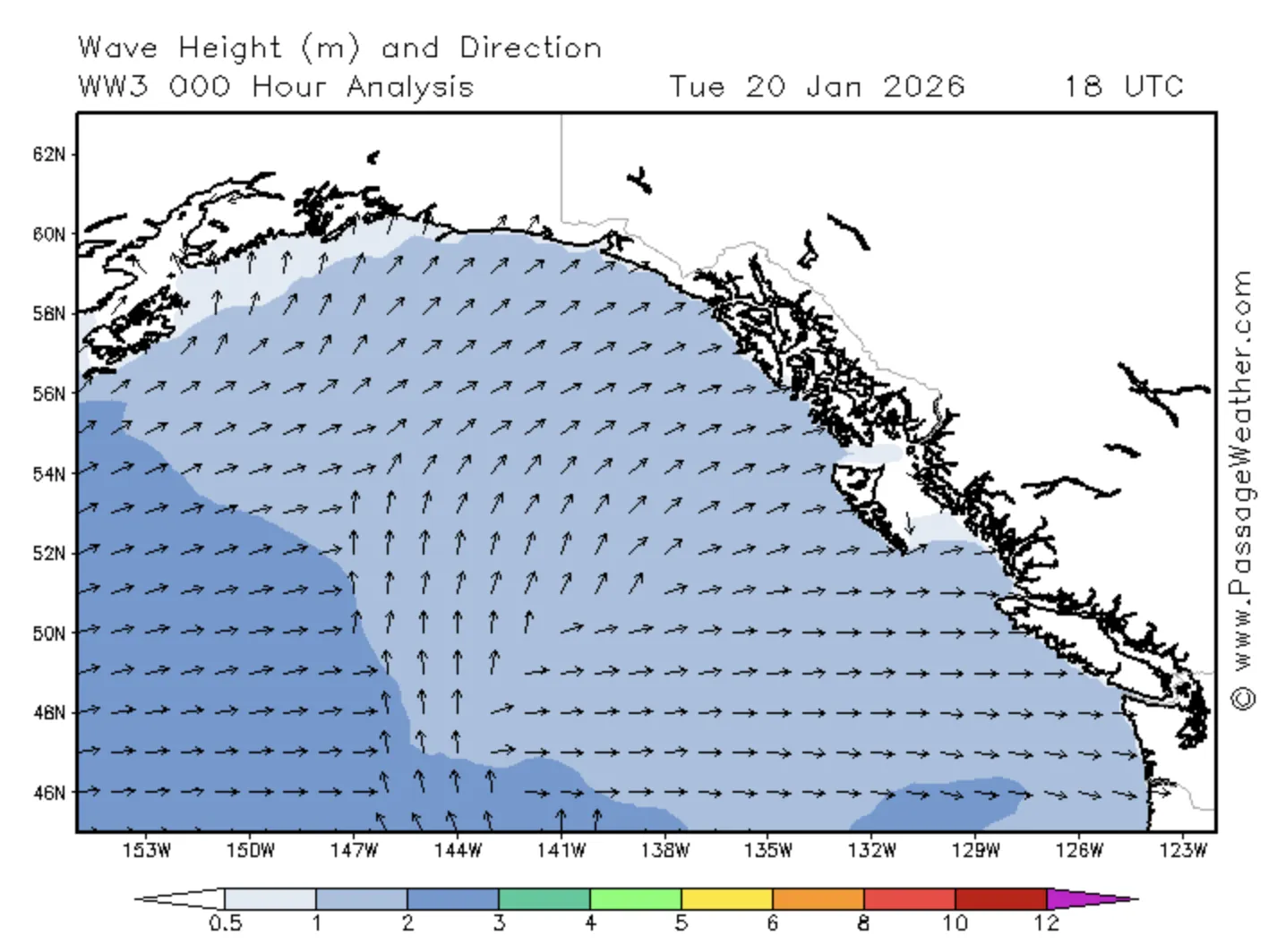 The wave height and direction chart helps us ascertain sea state. Steep seas are to be avoided, even in lighter air.(Image/ PassageWeather.com)