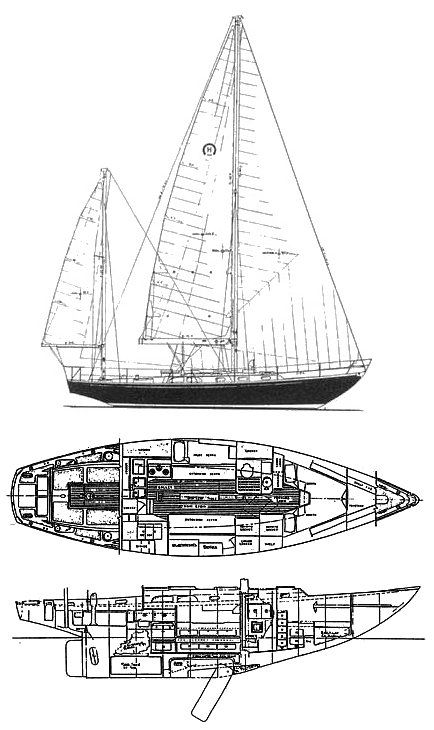 The concave counter and nearly vertical transom exemplify Tripp's design preferences, while the shallow 4-ft. 1-in. draft keel protects the rudder during groundings. Courtesy of SailboatData.com