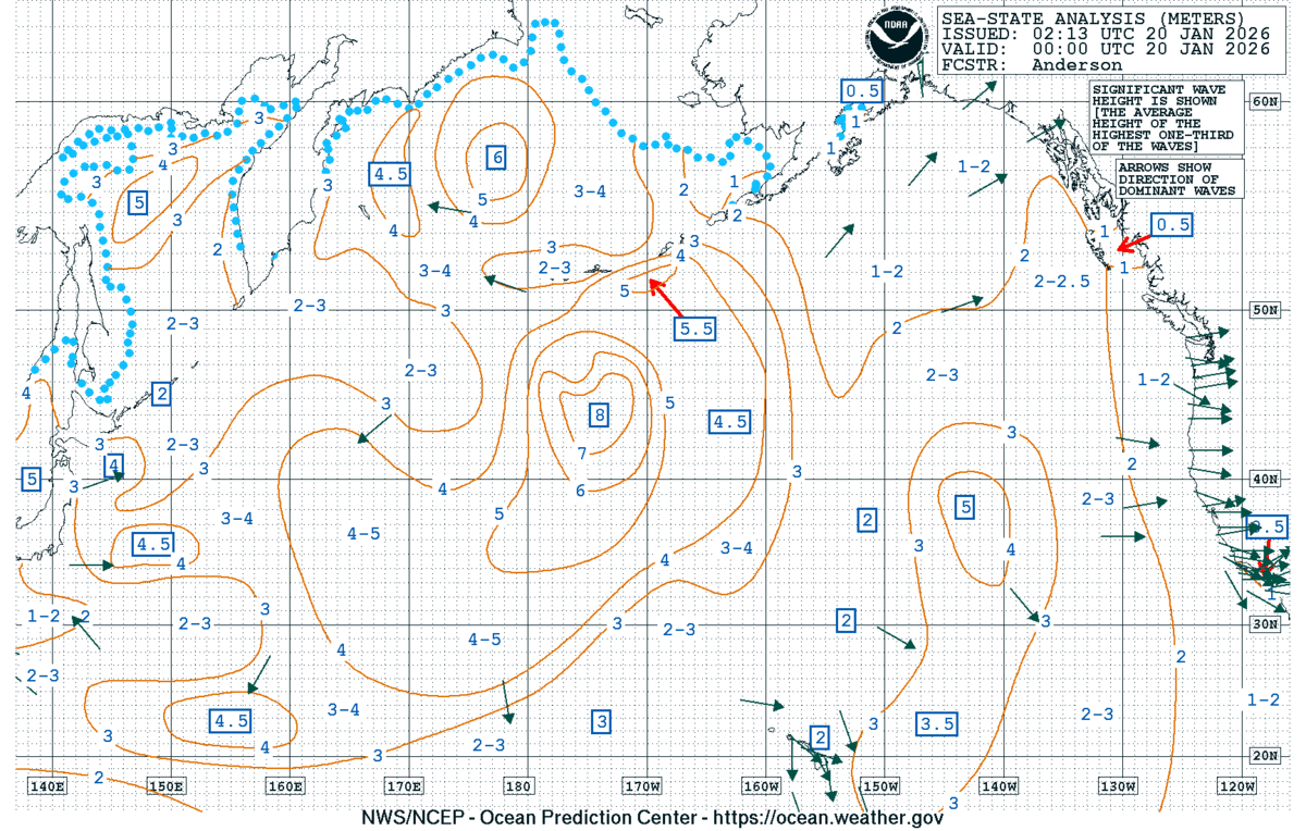 NWS sea-state analysis. Wave heights (meters, boxed numbers) and pressure patterns (orange isobars) reveal where seas are steepest. The blue dotted areas mark significant heights over 4 m; tight isobars to the north show where short, steep seas are most likely. Compare this to the GRIB: the NWS forecast adds the forecaster's interpretation of where conditions will be most dangerous. (Image/ NOAA)