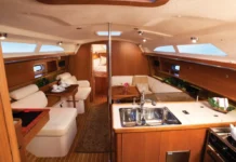 Below, the Catalina 356 features real joinerwork, rounded corners, and a bright white upholstery scheme that avoids the Ikea-boat vibe common in many modern production cruisers. (Photo courtesy of Yacht World)