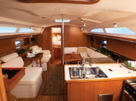 Below, the Catalina 356 features real joinerwork, rounded corners, and a bright white upholstery scheme that avoids the Ikea-boat vibe common in many modern production cruisers. (Photo courtesy of Yacht World)