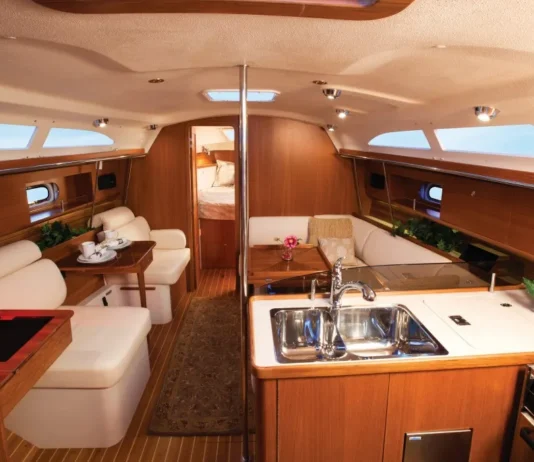 Catalina 356 Used Boat Review Below, the Catalina 356 features real joinerwork, rounded corners, and a bright white upholstery scheme that avoids the Ikea-boat vibe common in many modern production cruisers. (Photo courtesy of Yacht World)