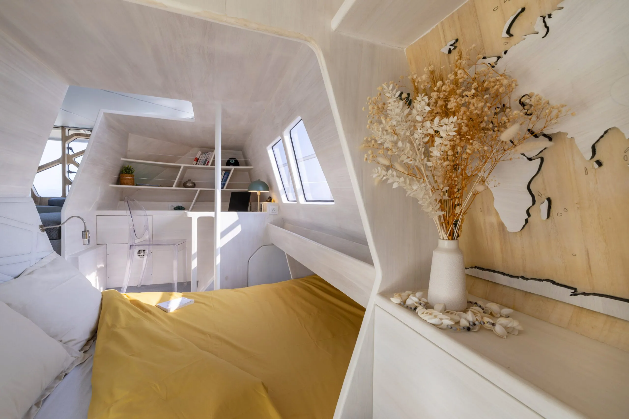 The owner's cabin is laid out across multiple levels and offers access to the aft deck. 