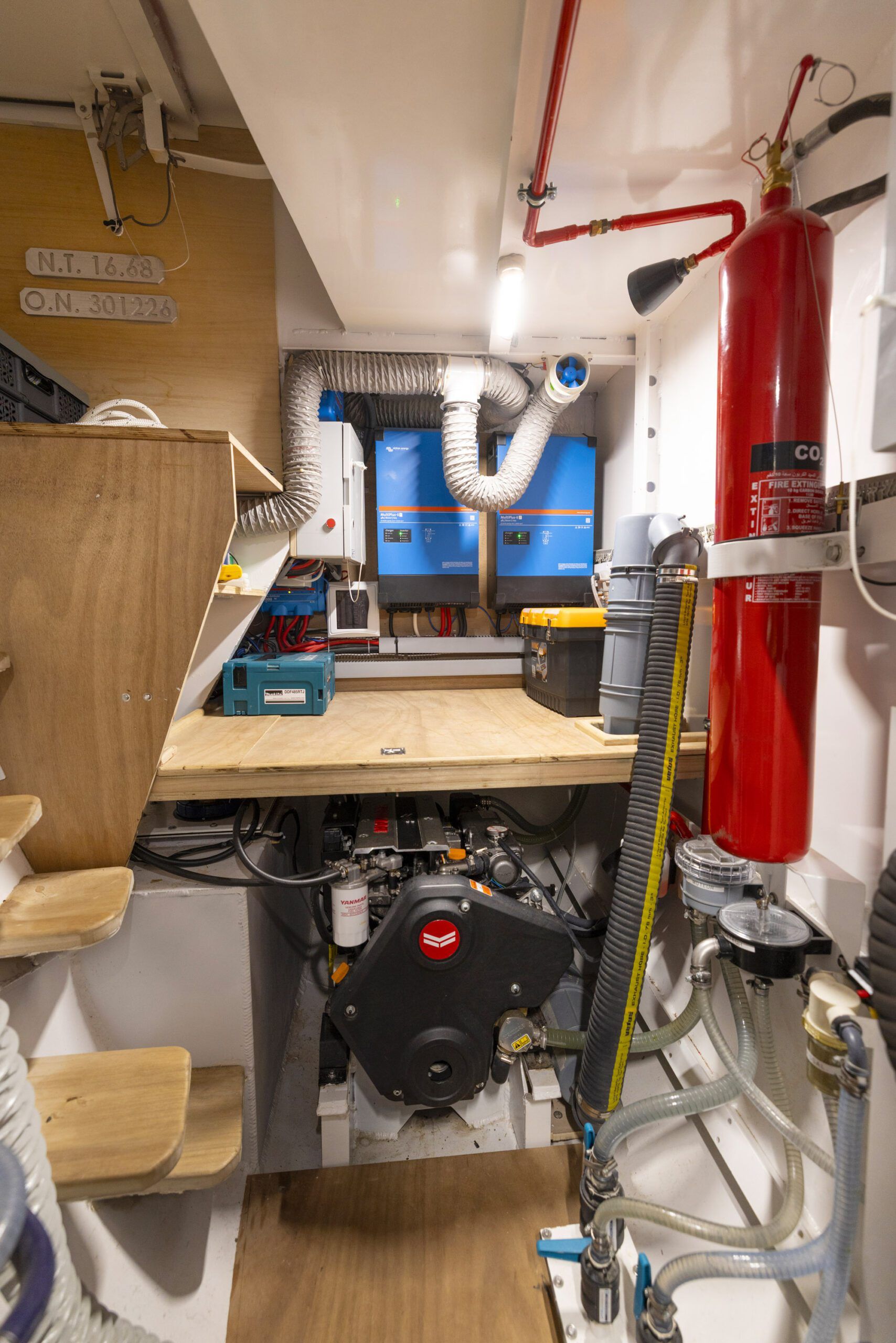 Twin 57-hp diesels sit alongside two 20-kW electric motors, offering dual propulsion for silent or conventional cruising. 