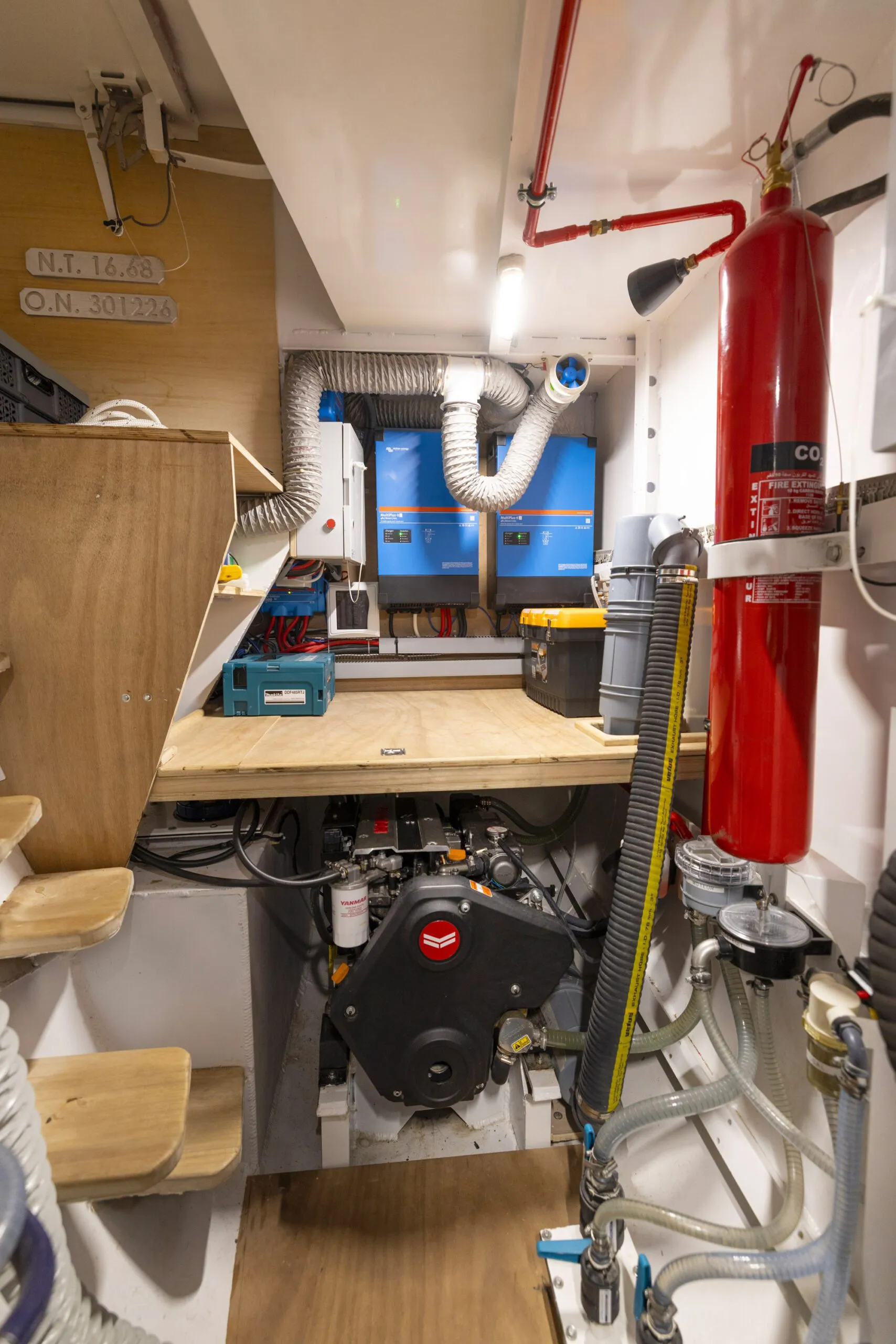 Twin 57-hp diesels sit alongside two 20-kW electric motors, offering dual propulsion for silent or conventional cruising. 