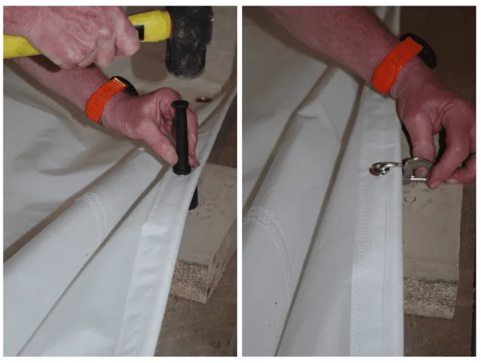 Fitting the hardware. There are two types of grommets to fit. Small ones for reef points and hanks (if fitted) and large ones where the sheets attach at any reef points. The kit comes with the dies for these grommets. The small ones are quite easy to do, simply punch a hole insert the two grommet halves and give it a couple of firm smacks. The large ones are more of a challenge. This is a fairly solid brass fitting that creates a liner to protect the stitching on the ring you previously sowed in. This takes quite a lot of pressure to form. You need to work on a solid floor and it takes repeated blows with a heavy hammer. I found a 3 lb. lump hammer works well.