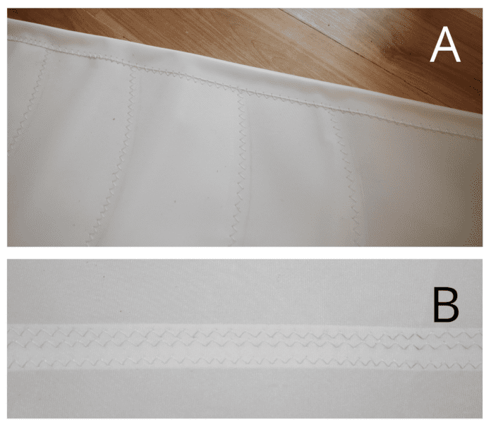 This shows what you are looking for when stitching. A. show single rows of stitching on patches and the stitching on the edge tape. For the edge tape I have run the stitches with one row in the edge tape and one row in the sail to capture the edge. B. shows a triple stitched seam joining two panels. Don’t worry if they are not exactly evenly spaces as is shown here. This shows about a 3/16 gap between the cloth edge and the stitching. For these seams do not take the stitches over the edge, keep all three rows within the seam overlap for maximum strength. These stitches are about 3/8 wide and long.