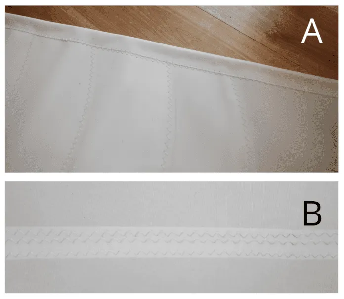 This shows what you are looking for when stitching. A. show single rows of stitching on patches and the stitching on the edge tape. For the edge tape I have run the stitches with one row in the edge tape and one row in the sail to capture the edge. B. shows a triple stitched seam joining two panels. Don’t worry if they are not exactly evenly spaces as is shown here. This shows about a 3/16 gap between the cloth edge and the stitching. For these seams do not take the stitches over the edge, keep all three rows within the seam overlap for maximum strength. These stitches are about 3/8 wide and long.