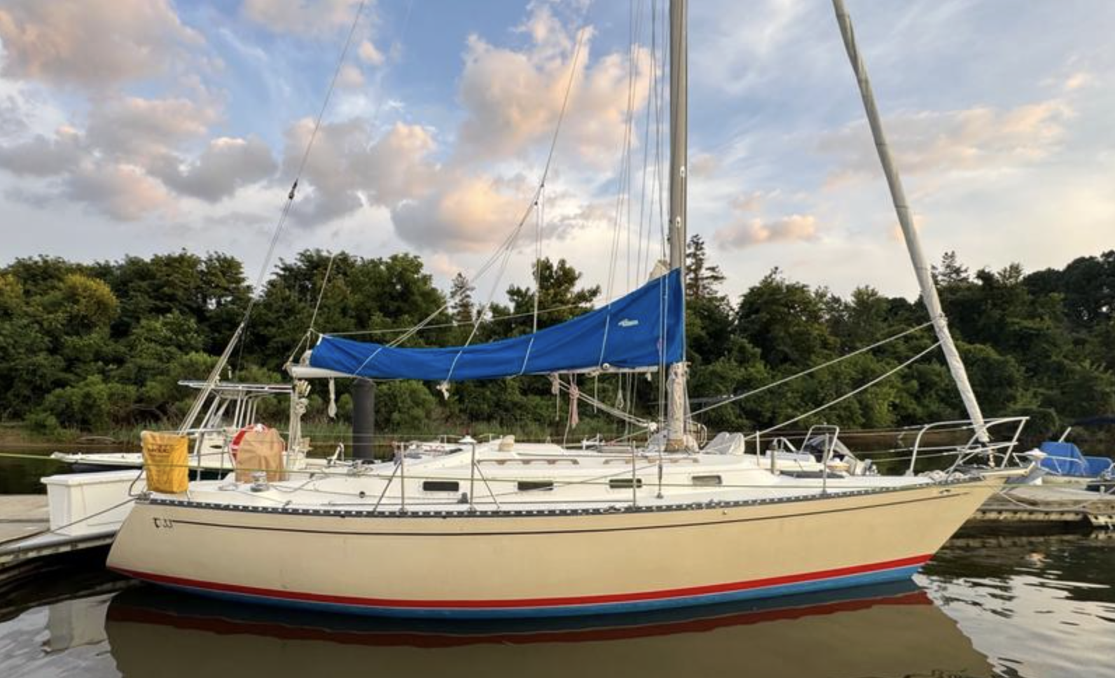 The big fractional rig and flattish sheer are unmistakable hallmarks of the Sparkman & Stephens design. With a PHRF rating of about 160, she's spritely but not stunning. (Photo courtesy of SailboatListings.com)