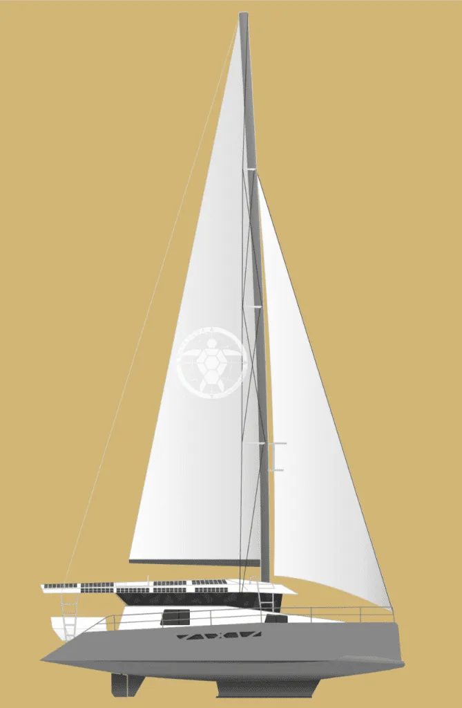 Her solar-clad coach roof, and long aluminum hulls are optimized for shallow, off-grid cruising. (Image/ Cataruga)